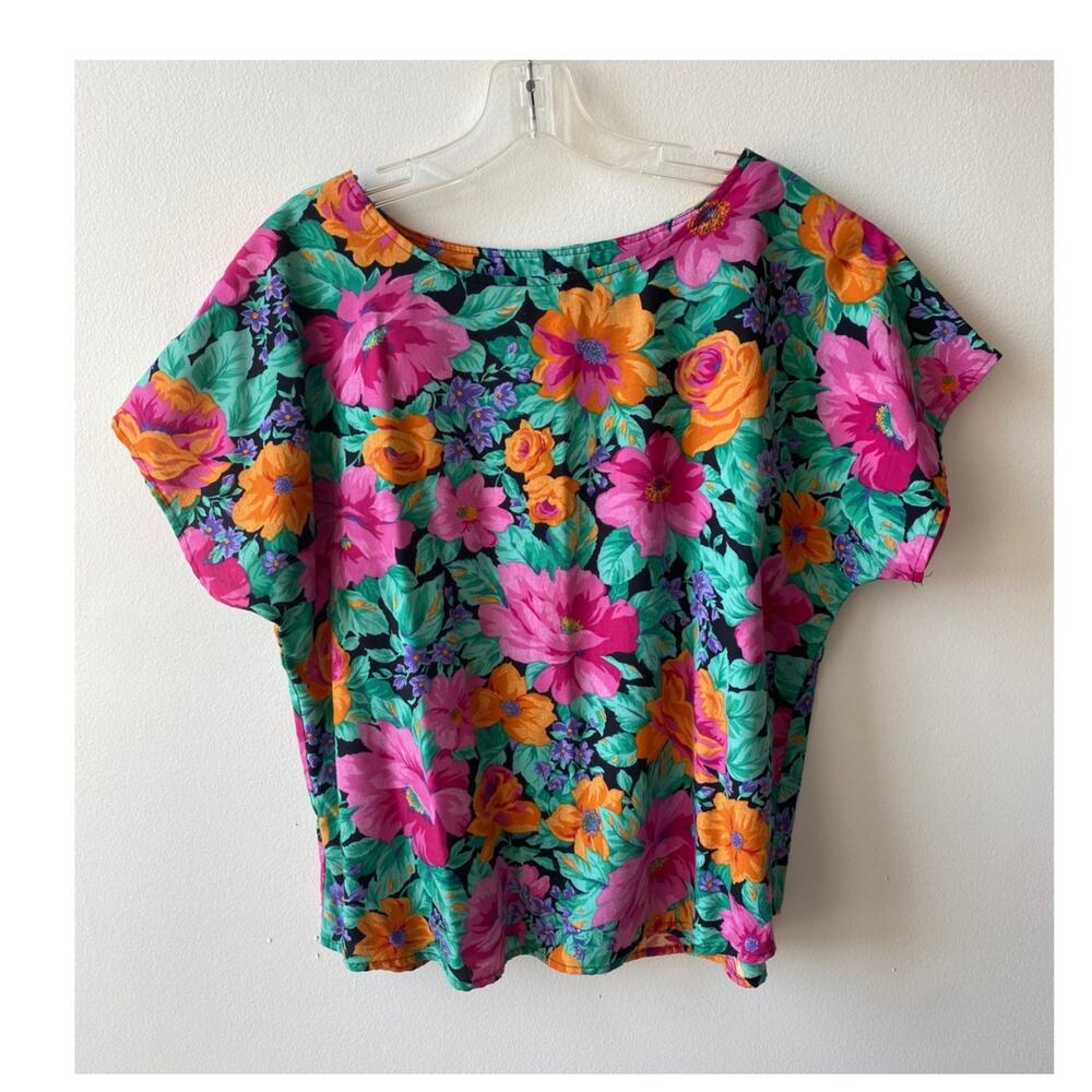 Vintage Pink Orange Green Floral Shirt Oversize Boho Hippie Cottage Fairy Top L